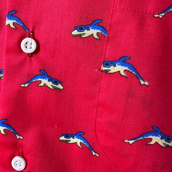 Vintage Egon Von Furstenberg Button-Up Shirt Red Cartoon Sharks Size L 16-16.5 - Picture 4 of 10